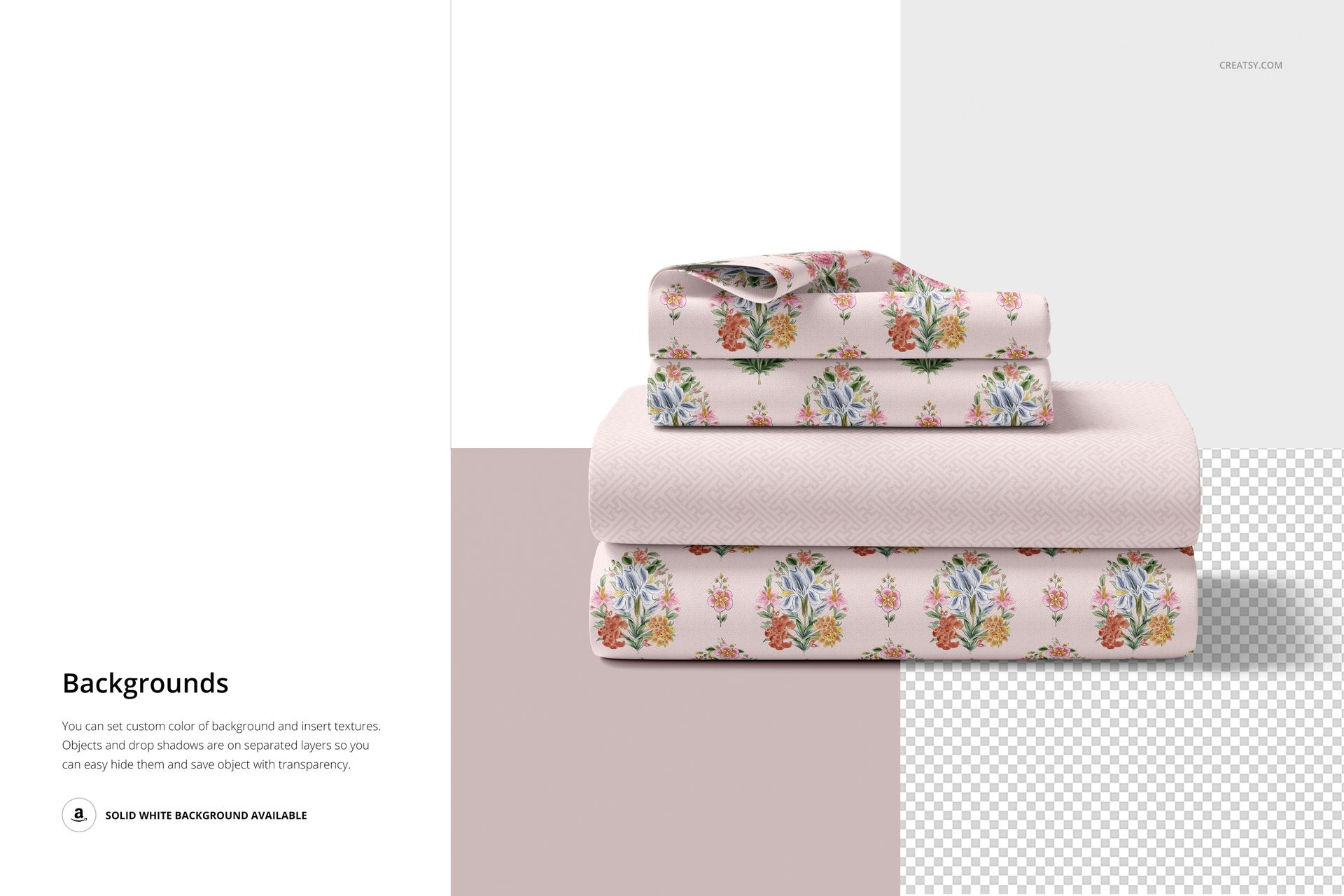 Bedding set mockup featuring folded sheets and pillowcases with colorful floral designs, displayed on a plain background.