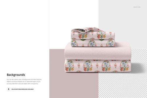 Bedding set mockup featuring folded sheets and pillowcases with colorful floral designs, displayed on a plain background.