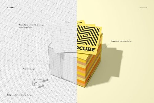 Memo block cube in acrylic holder mockup shown in split view, with left side as wireframe and right side in yellow striped design.
