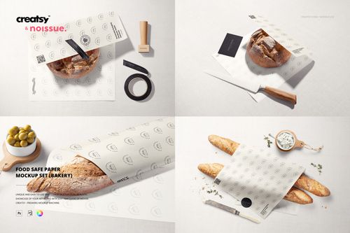 Bakery food safe paper mockup set featuring bread and baguettes wrapped in white patterned paper, top and angled views.