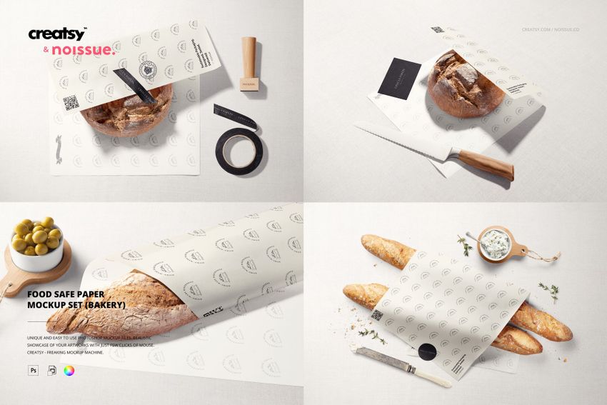 Bakery food safe paper mockup set featuring bread and baguettes wrapped in white patterned paper, top and angled views.