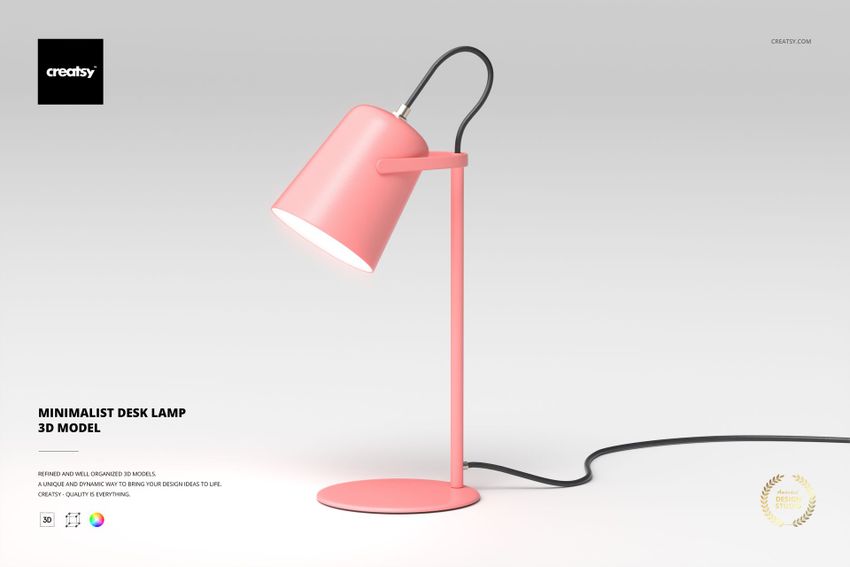 Minimalist desk lamp in matte pink finish with cylindrical shade, shown in side view on a light gray background.