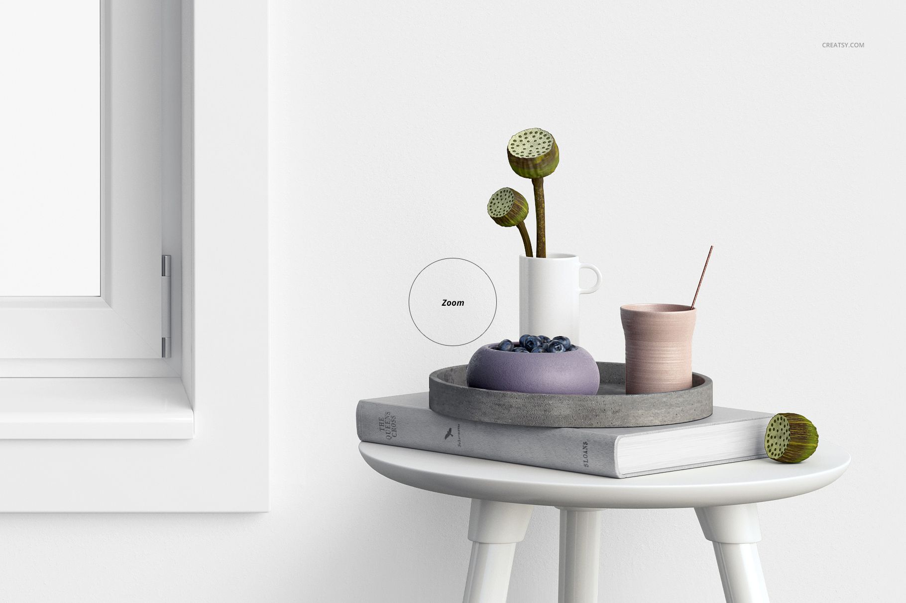 Front view of a white window with valance and cafe curtains mockup, next to a round table holding books, a bowl, and vases.