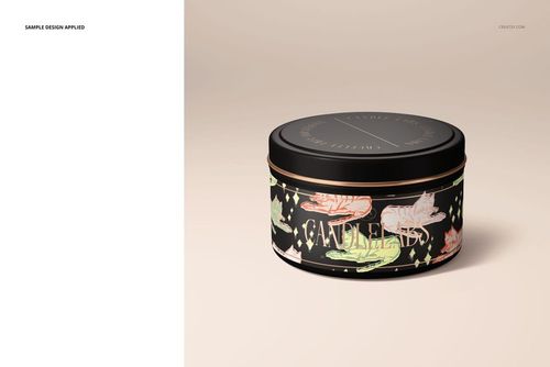 Satin finish candle tin mockup with black lid and pastel design elements, displayed in a realistic front perspective.