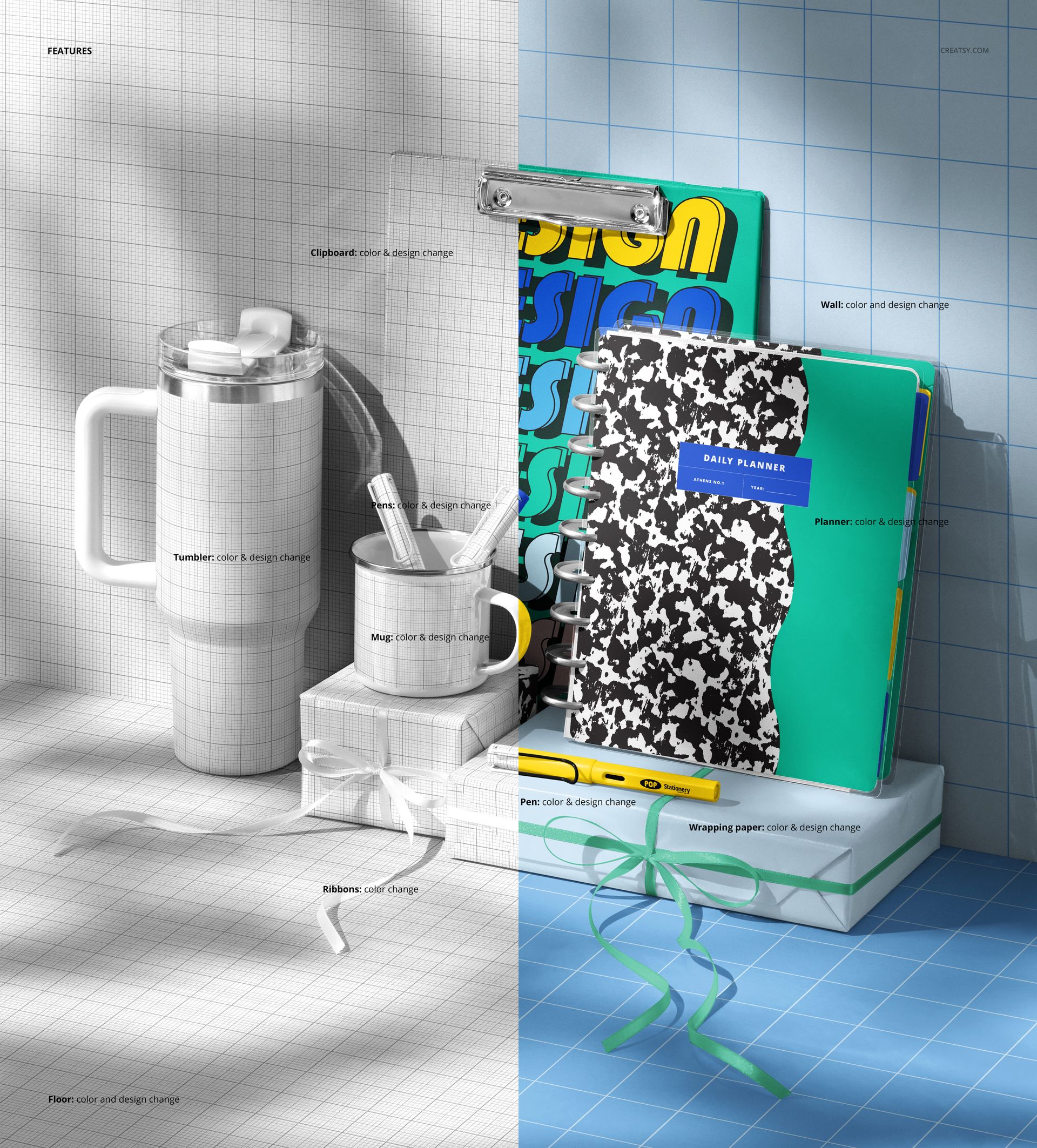 PSD mockup showing various desk items like a water bottle, coffee mug, notebooks, and clipboard with colorful accents.