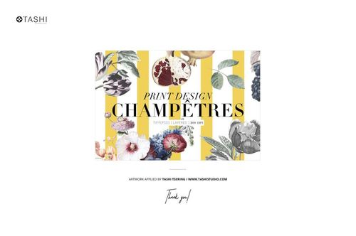 Rectangular placemat mockup with yellow and white stripes, featuring floral and fruit illustrations in a front view.