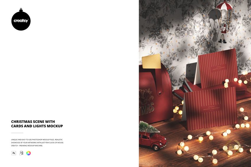 Christmas PSD mockup featuring striped red cards, glowing string lights, and seasonal decorations on a table.