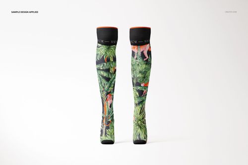 Pair of knee high socks mockup with tropical leaves and animal design, displayed upright against a plain white backdrop.