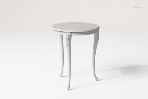 Round vintage side table with carved floral details on curved legs, shown in a front angled view on a plain background.