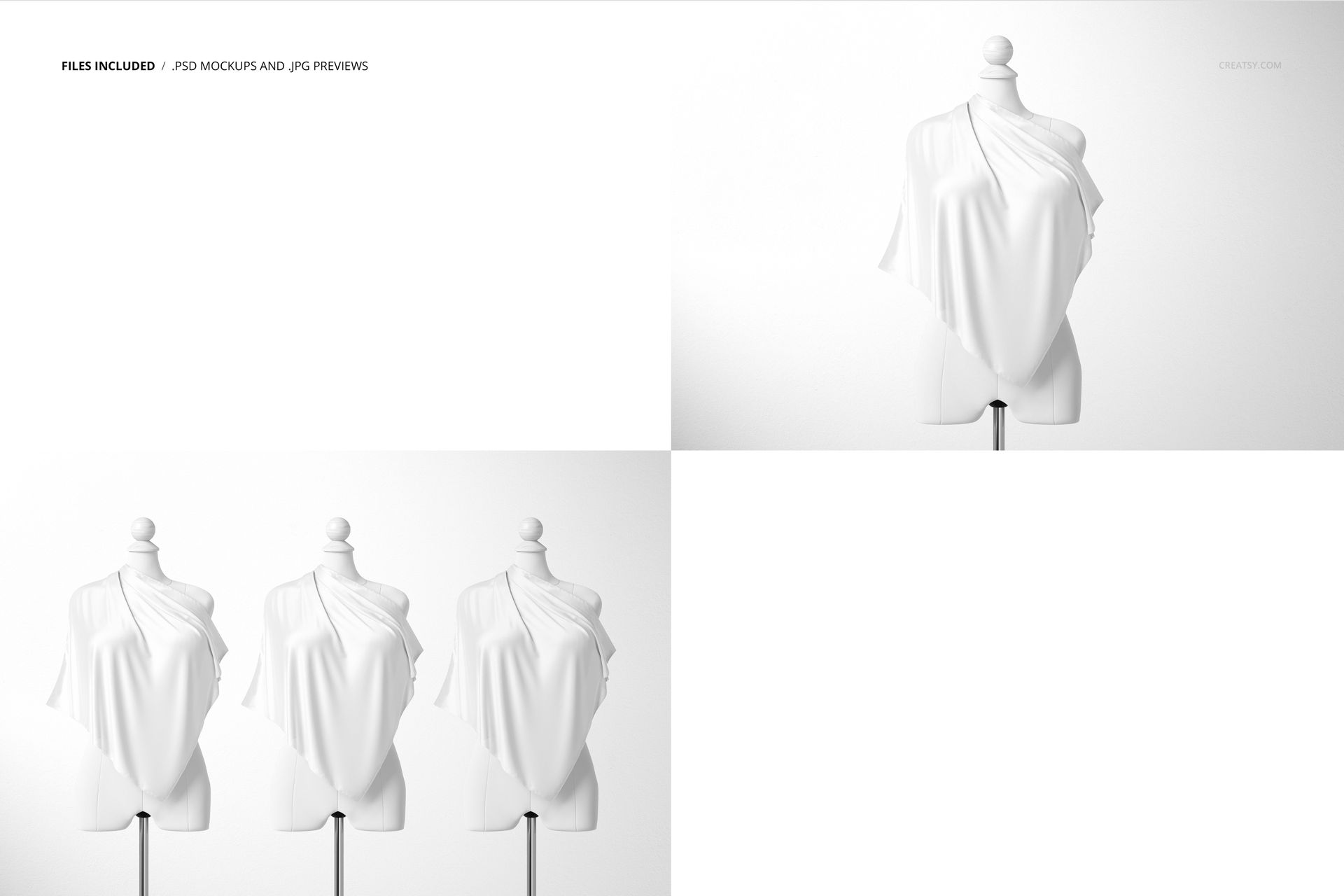Three white silk scarves wrapped on mannequins, displayed from the front on a plain white background in a mockup set.