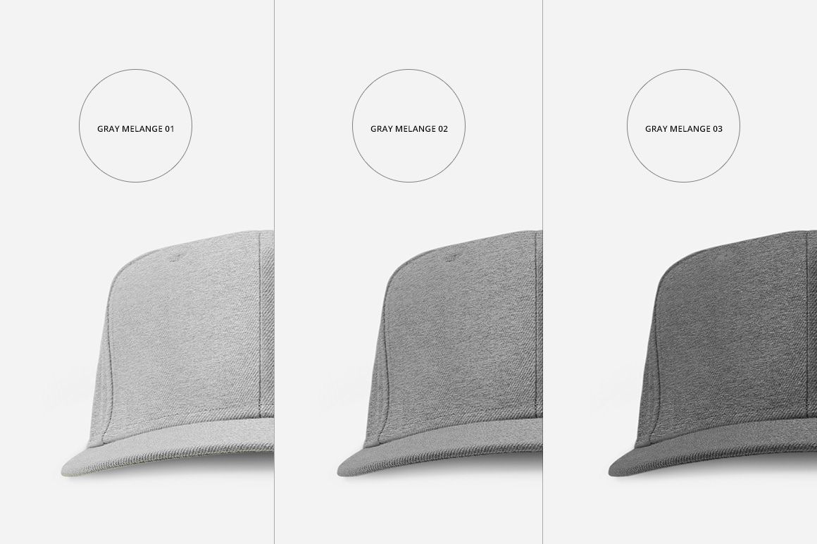 PSD mockup featuring a trio of snapback caps in light, medium, and dark gray melange, arranged side by side.