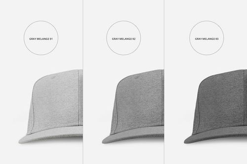 PSD mockup featuring a trio of snapback caps in light, medium, and dark gray melange, arranged side by side.