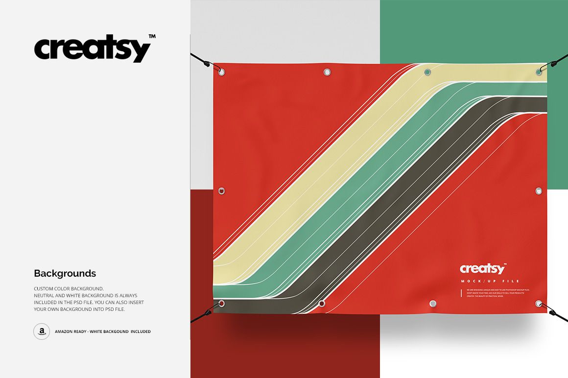 Front view of a mockup outdoor banner featuring curved stripes in green, beige, and yellow on a red base.