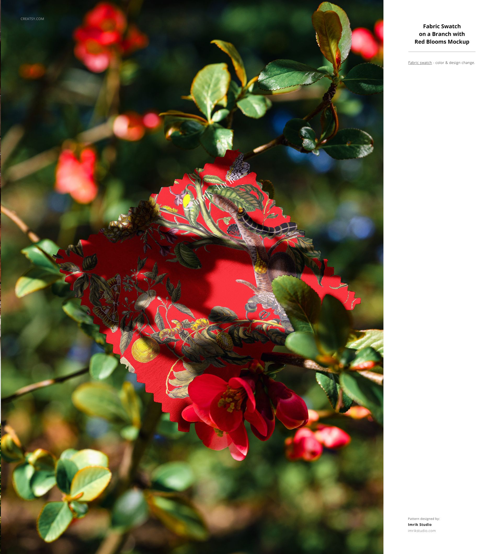 PSD mockup of a decorative red fabric sample with botanical and bird motifs set outdoors among fresh green leaves.