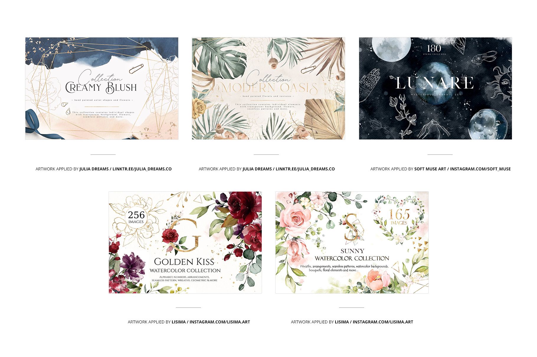 Party supplies mockup set featuring six rectangular cards with various floral, celestial, and botanical designs in soft colors.