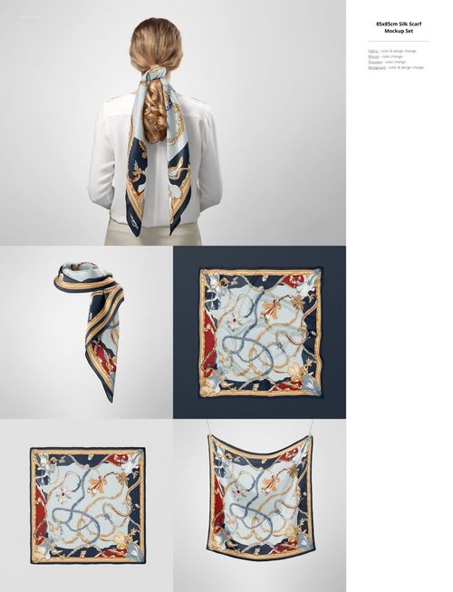 Square silk scarf featuring nautical-inspired design in blue, gold, and red displayed on a woman and as mockups.