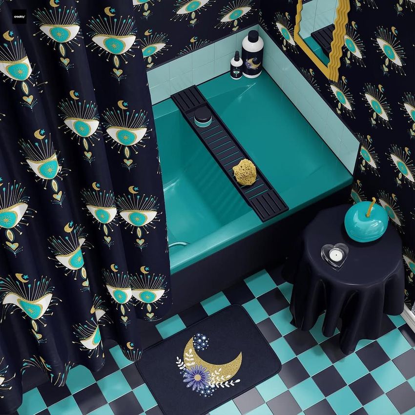 Pop art bathroom mockup featuring a teal bathtub, patterned shower curtain, and matching bath mat with a crescent moon design.
