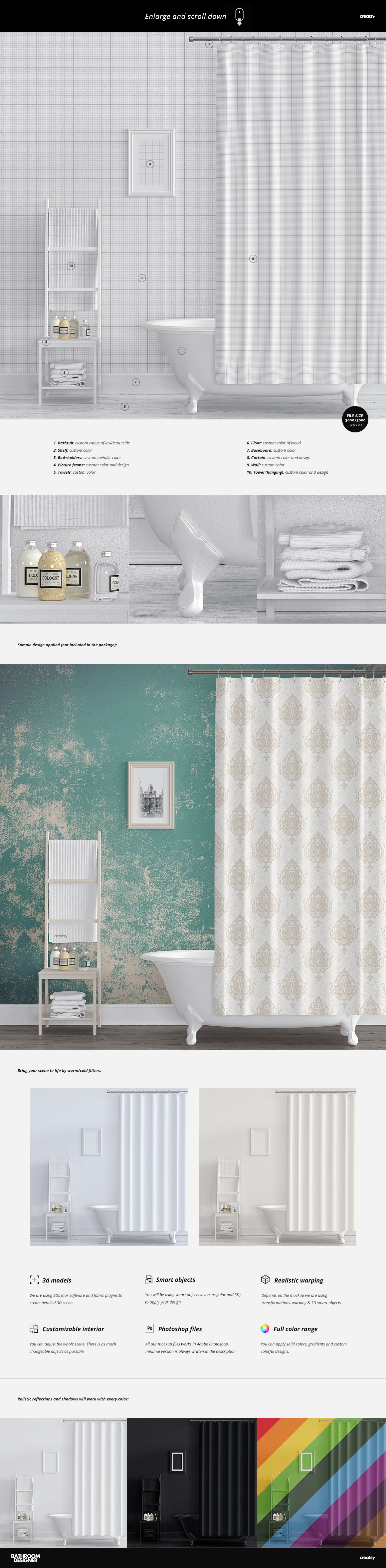 Modern bathroom mockup featuring a patterned shower curtain, green accent wall, bathtub, and organized shelves, front perspective.