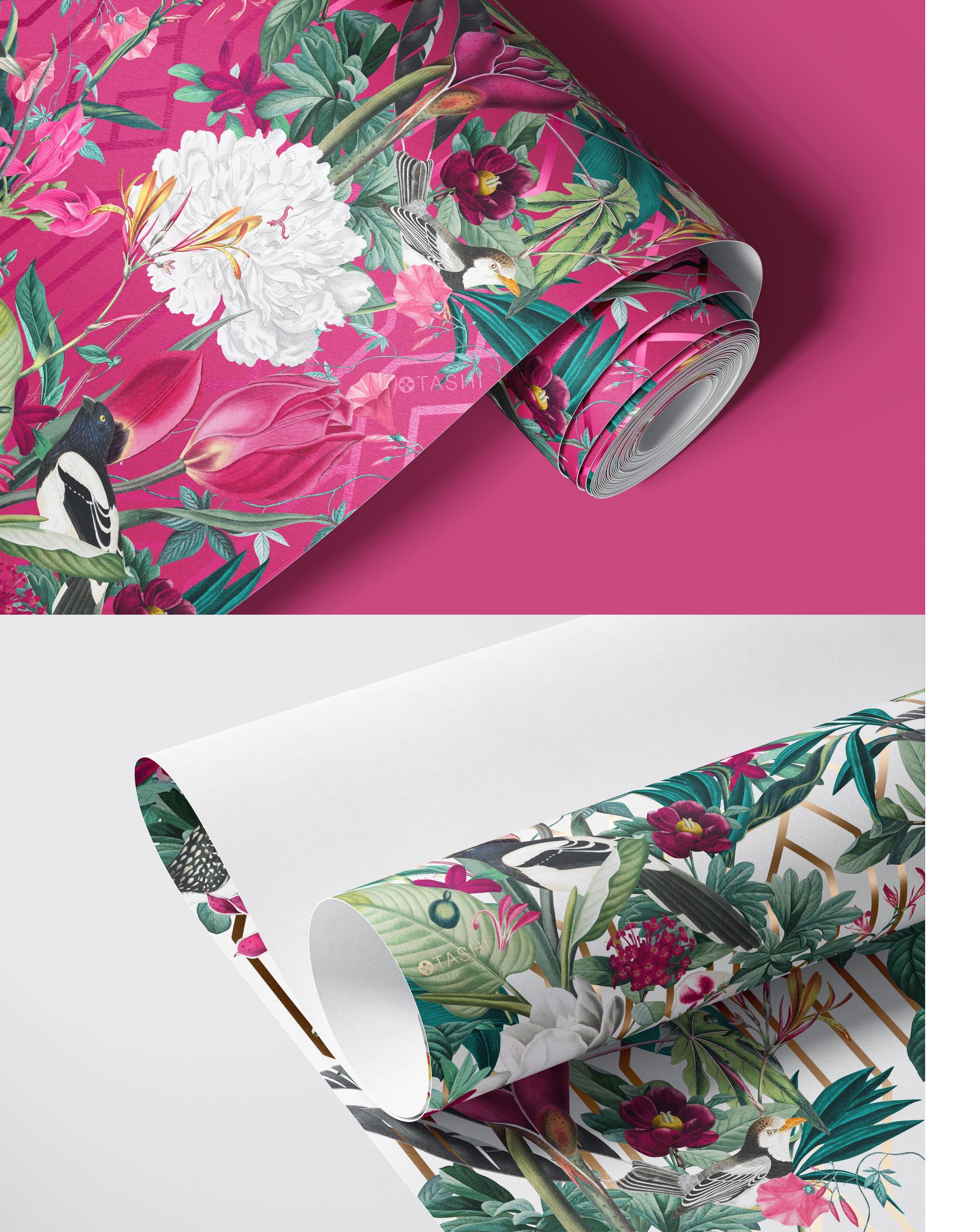 Rolled paper wallpaper mockup showing vibrant floral patterns in pink and white with tropical leaves, front view.