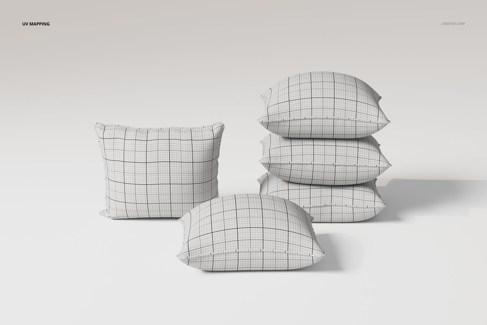 Front view of piped cushions with a grid pattern, arranged in a stack and individually on a plain white background.