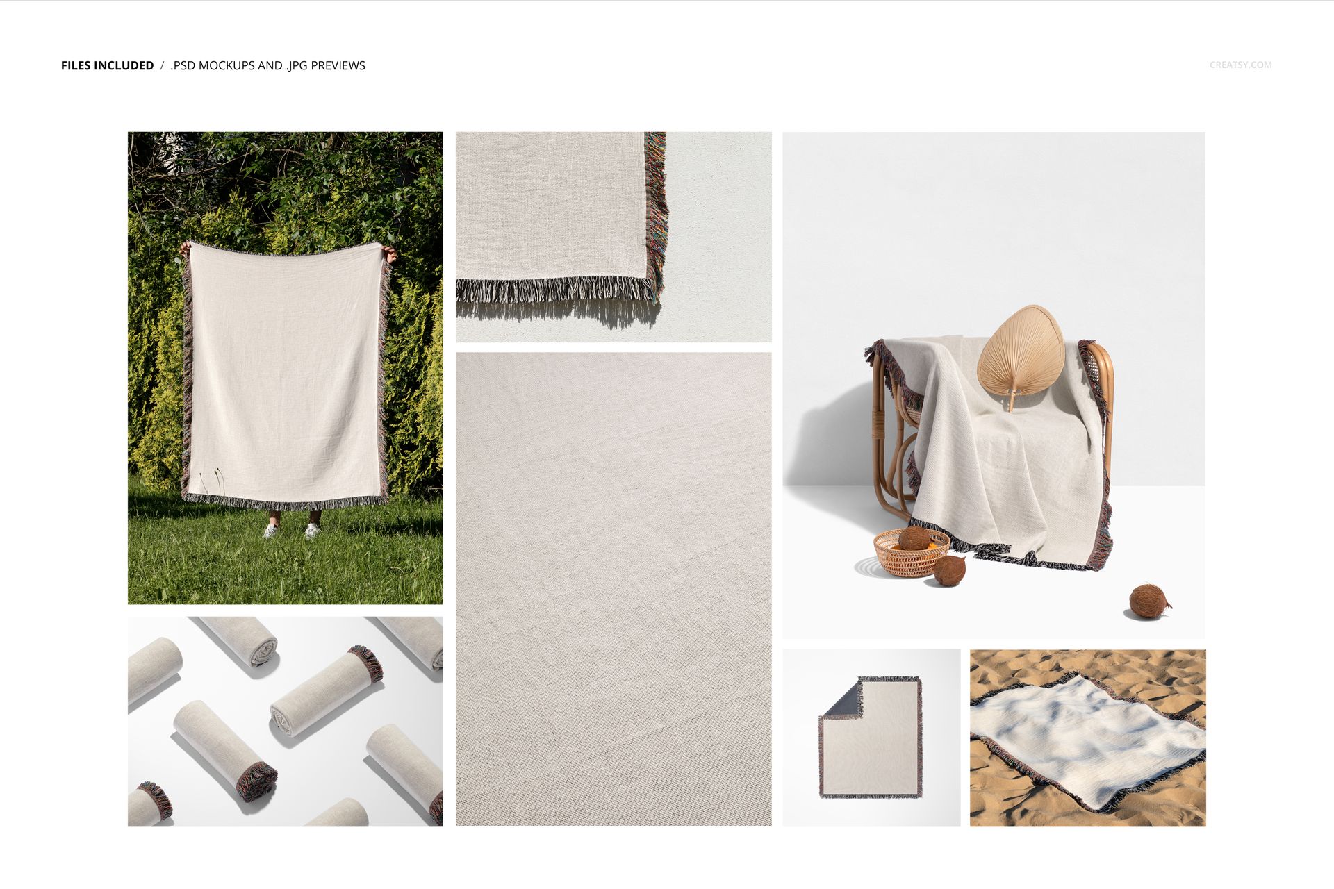 Jacquard fringed woven throw blanket displayed in various mockup scenes, featuring neutral colors and textured fabric.