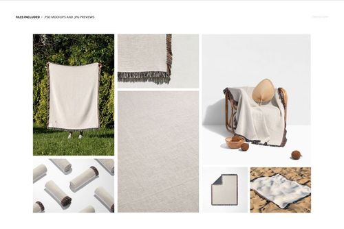 Jacquard fringed woven throw blanket displayed in various mockup scenes, featuring neutral colors and textured fabric.