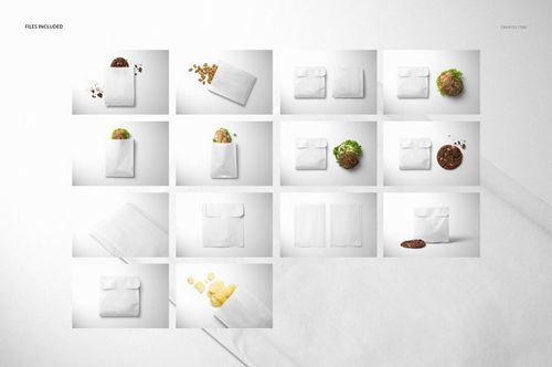 PSD mockup featuring assorted paper bags for snacks and sandwiches, arranged with chips, cookies, and fresh greens.