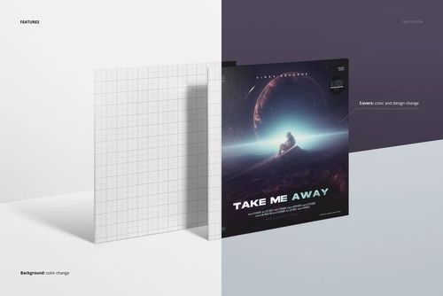 Front view of a standing vinyl record cover mockup with a cosmic-themed design, split background in white and purple.