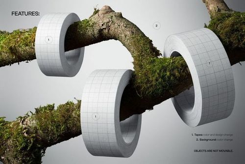 PSD mockup featuring three grid-patterned adhesive tape rolls arranged on a moss-covered tree branch, front view.