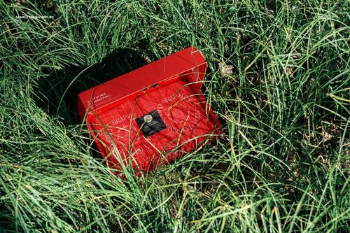 Red packaging box mockup placed among tall green grass, featuring a front and top perspective with visible shadows.