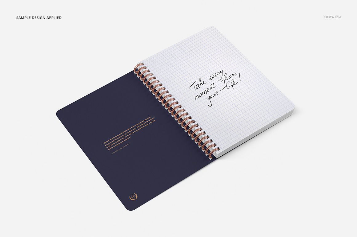 Notebook mockup with square holes and grid paper, featuring copper spiral rings and dark inner cover.