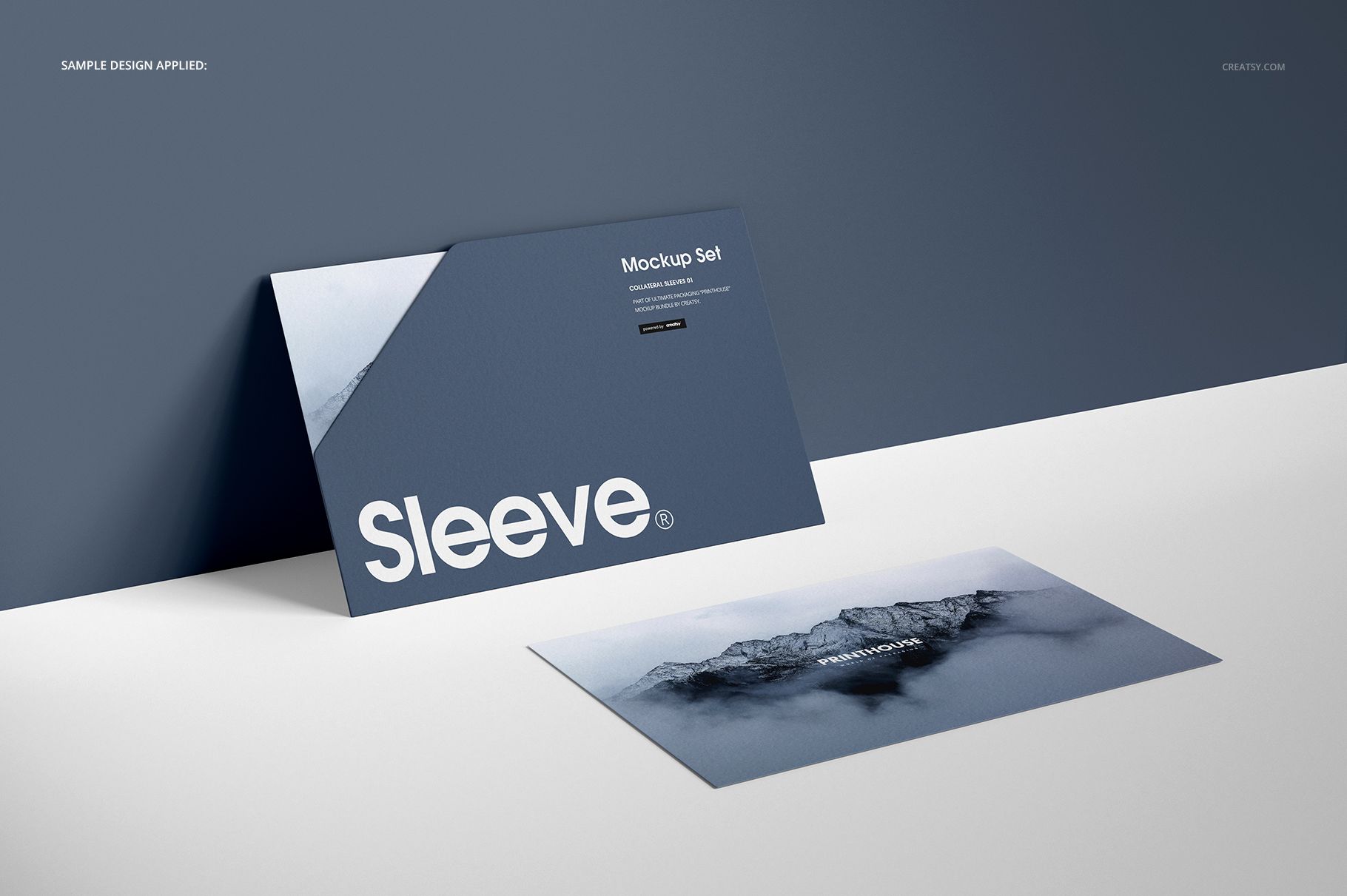 Collateral sleeves mockup set showing two rectangular stationery sleeves with blue tones and modern graphics.