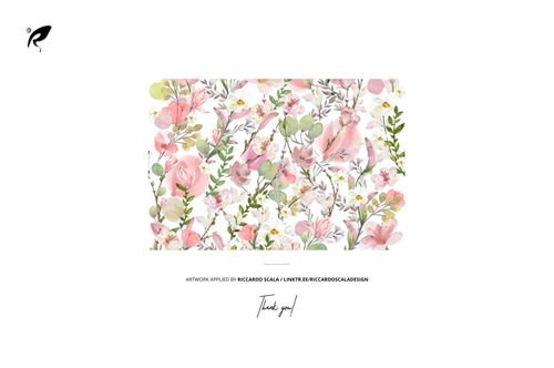 Floral pattern with pink roses, green leaves, and soft pastel accents displayed on a rectangular mockup in a laundry room scene.