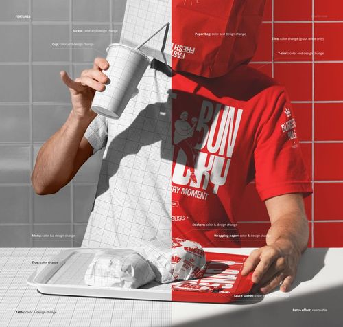 Man sitting at a table with a paper bag on his head, holding a fast food drink cup and wearing a red t-shirt in a PSD mockup scene.