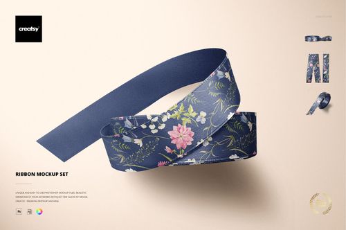 Blue ribbon with floral pattern displayed in a curved arrangement on a light background, front view mockup.