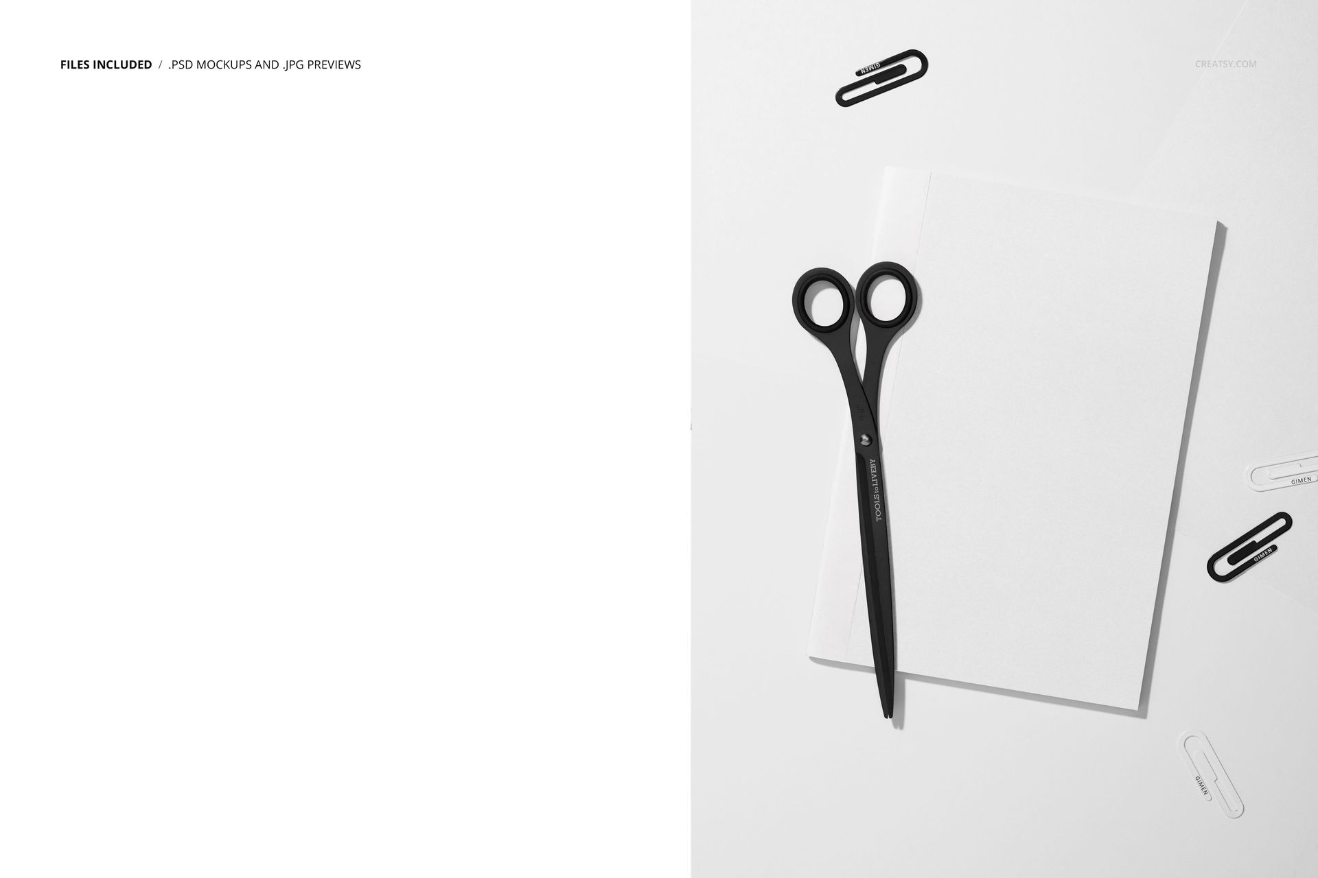 Top view of a classic tape-bound notebook mockup with black scissors and paper clips on a white surface.