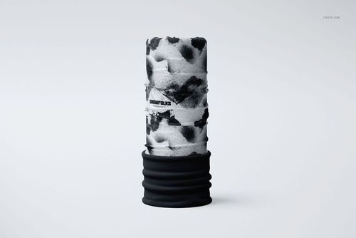 Neck gaiter mockup showing a cylindrical face mask with a monochrome abstract design and solid black base, centered on a simple background.