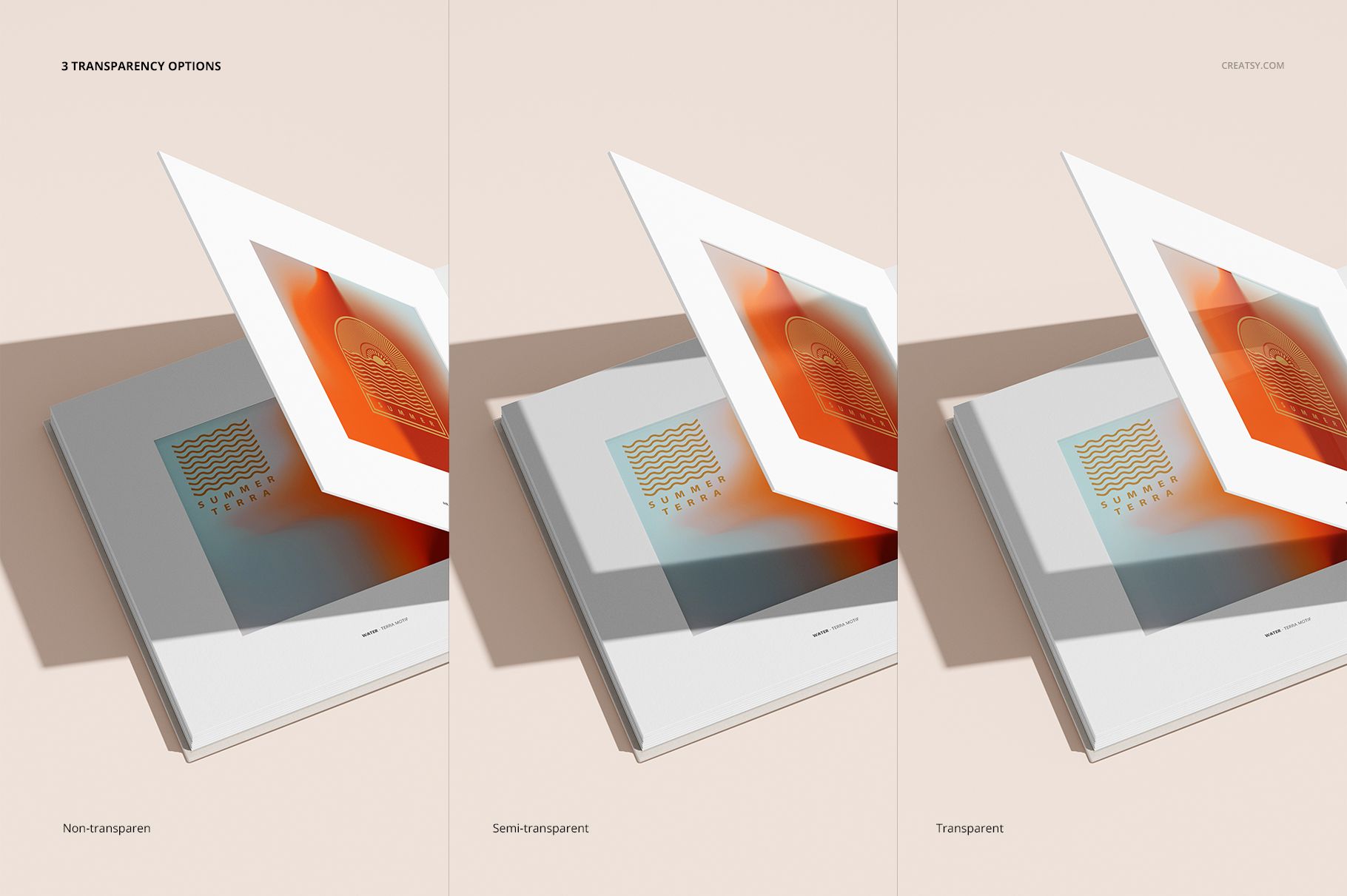 Artbook mockup set showing three transparency options with an open book on a beige surface and overlay sheets.