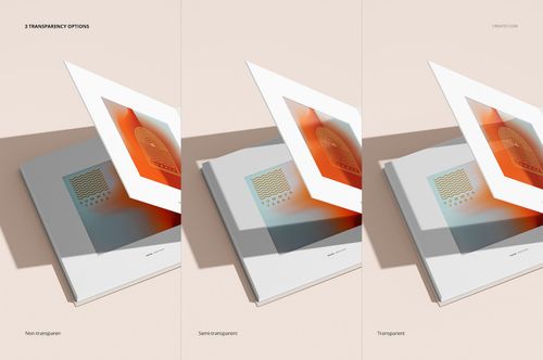 Artbook mockup set showing three transparency options with an open book on a beige surface and overlay sheets.
