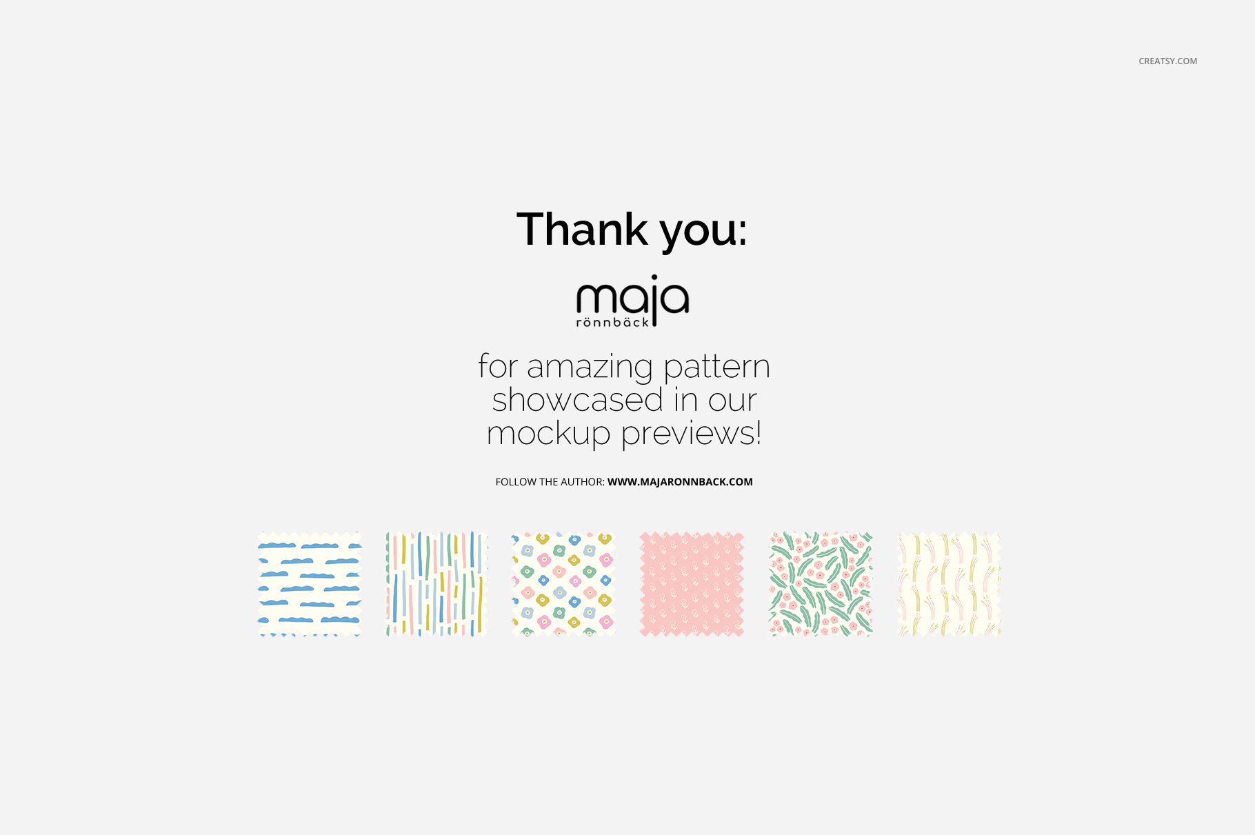 Seven colorful geometric and abstract patterns displayed in small squares on a light gray background with text above.