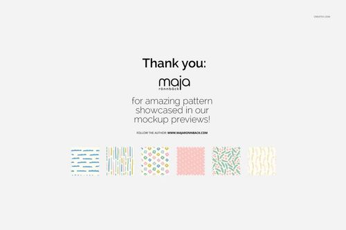 Seven colorful geometric and abstract patterns displayed in small squares on a light gray background with text above.