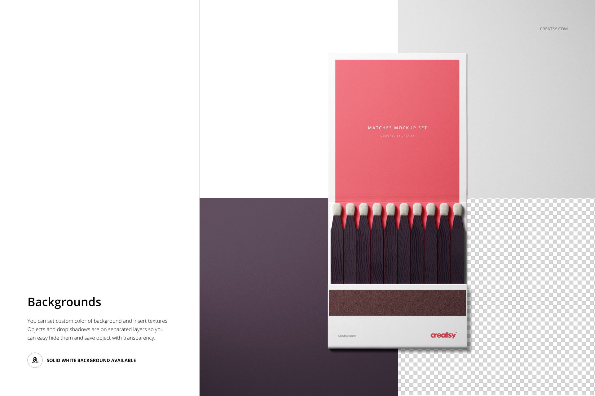 Rectangular matches box mockup with pink and brown design, front view on multi-textured background surfaces.