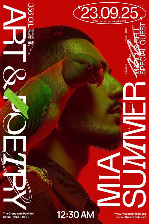 Poster mockup with bold red background, parrot illustration, white text overlays, and graphic design elements.