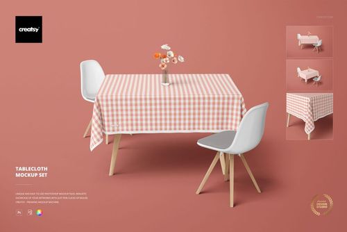 Tablecloth mockup featuring a gingham pattern on a dining table, styled with modern chairs and floral centerpiece.