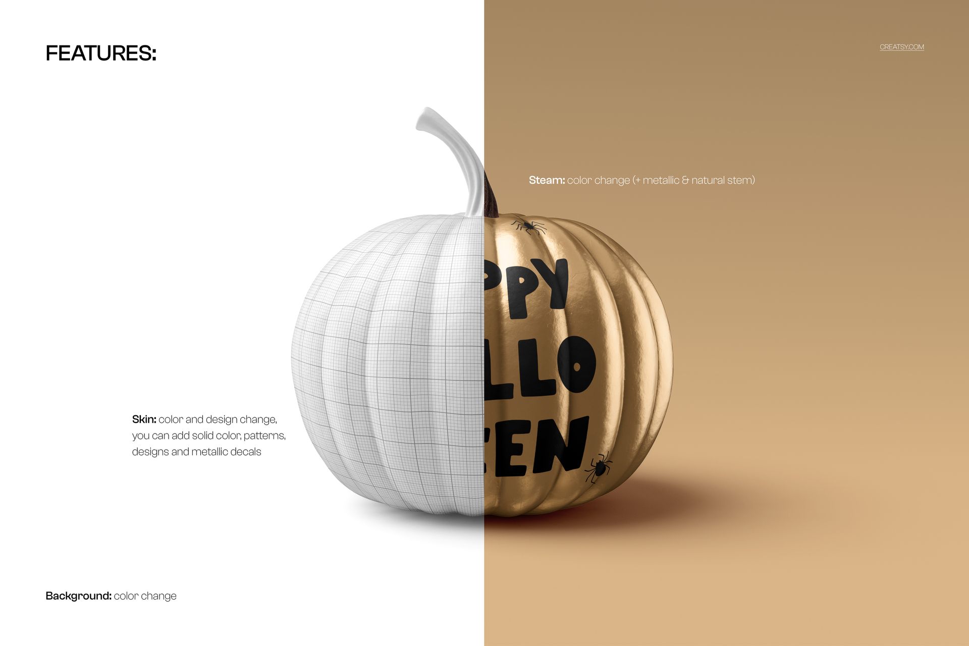Front view of a pumpkin mockup split in half, left side with grid lines and right side decorated for Halloween.