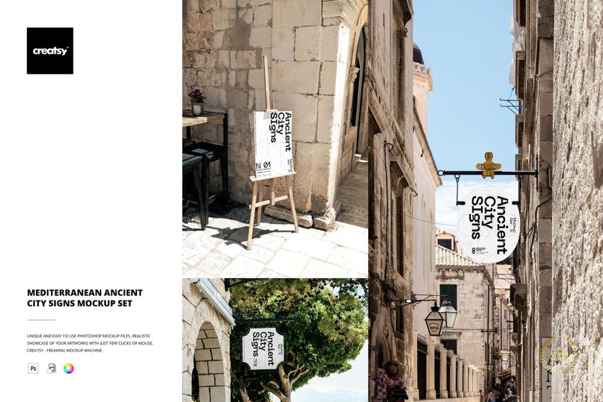 Mediterranean city street scene with stone buildings, featuring mockup signs in various shapes and black text designs.