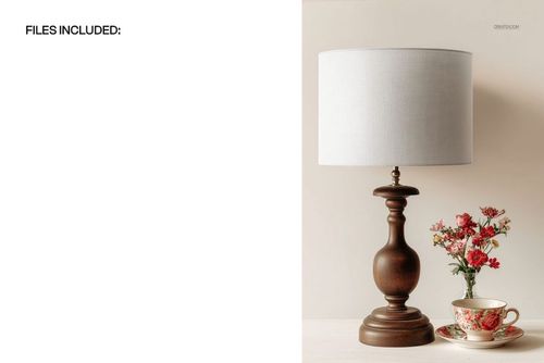 PSD mockup featuring a dark wood table lamp with a light fabric shade, accompanied by decorative flowers and a teacup.