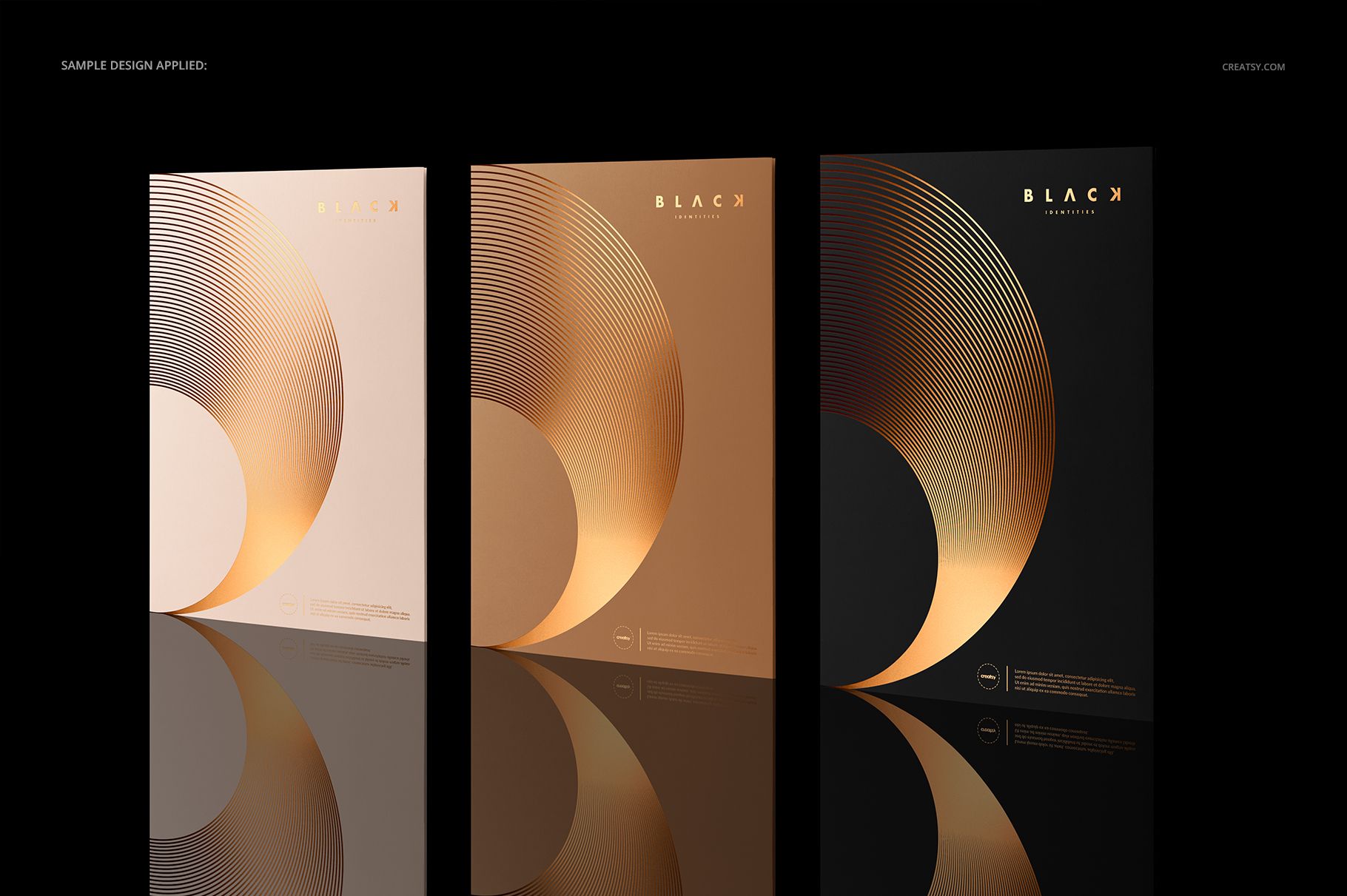 Set of three folder mockups featuring metallic gold and black geometric designs, shown from a front perspective.