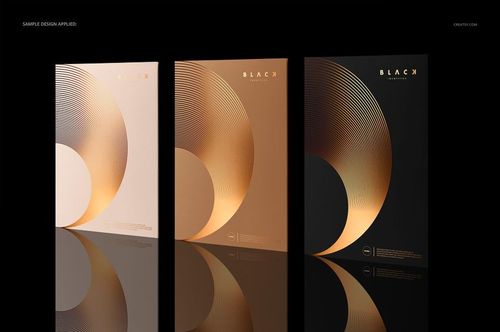 Set of three folder mockups featuring metallic gold and black geometric designs, shown from a front perspective.