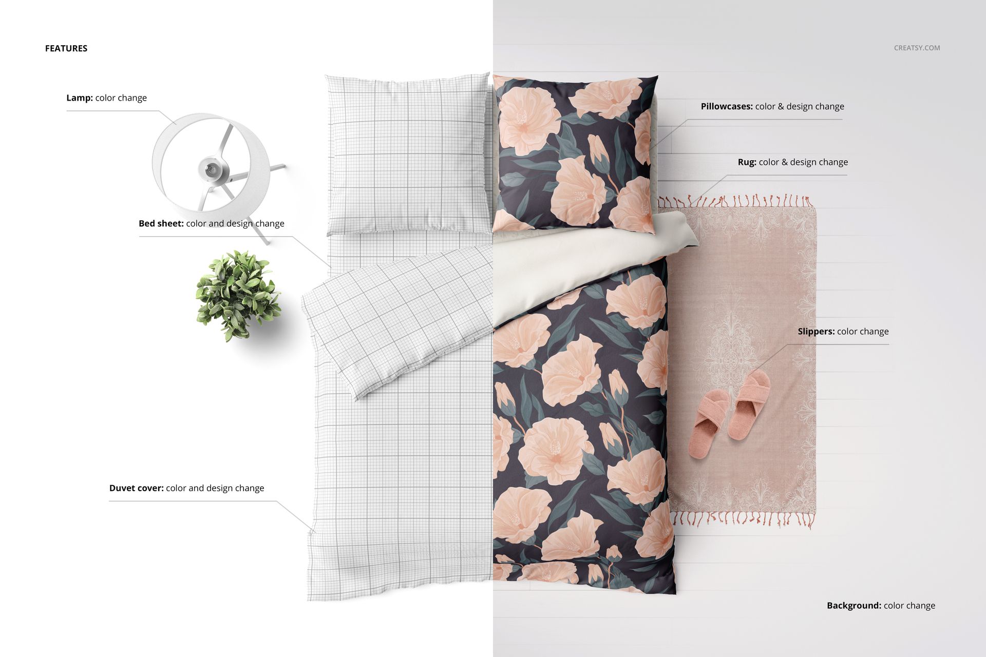 Top view of a bedding mockup set featuring euro pillows, a duvet cover with floral and grid patterns, and a rug with slippers.